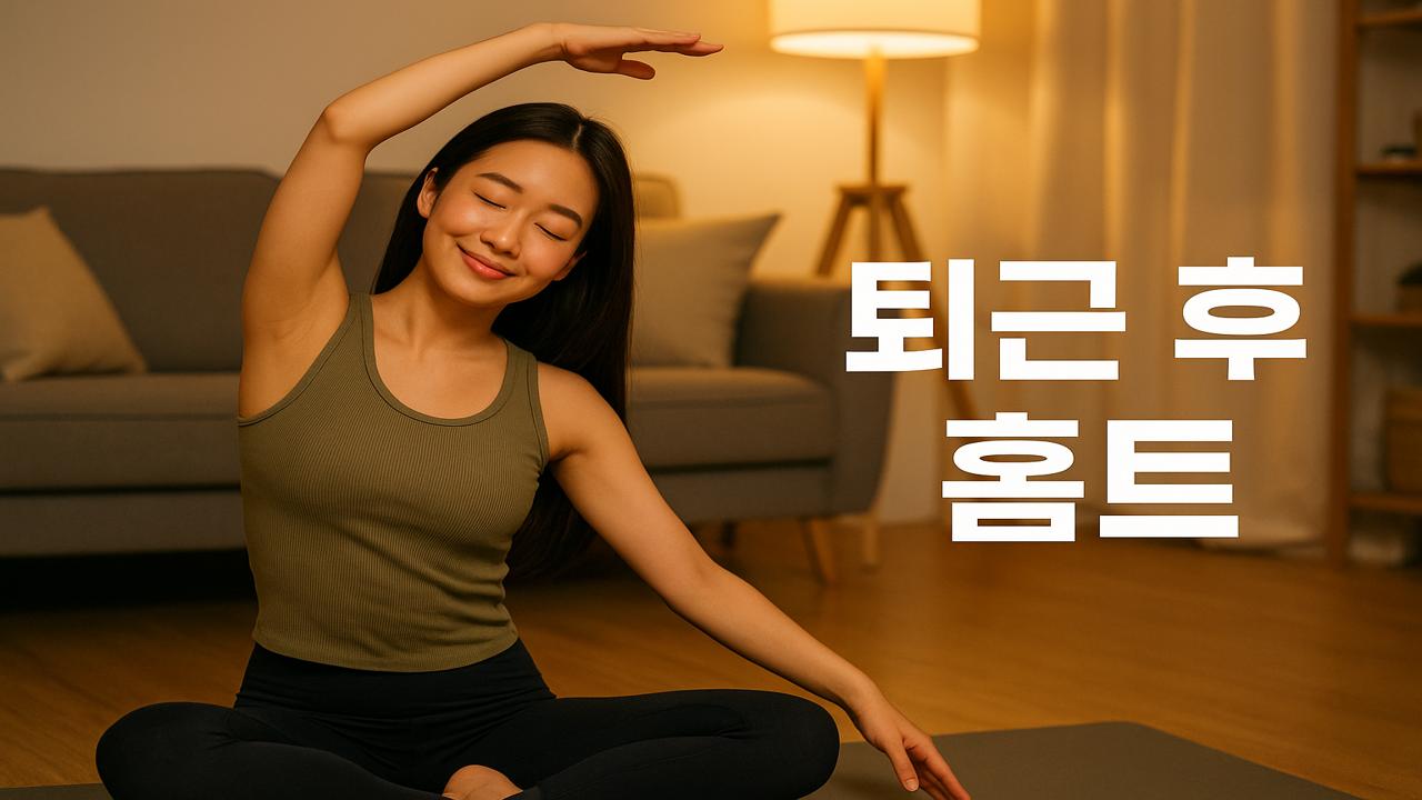 편안한 거실에서 스트레칭하며 하루를 마무리하는 여성과 ‘퇴근 후 홈트’라는 텍스트가 어우러진 홈트레이닝 이미지