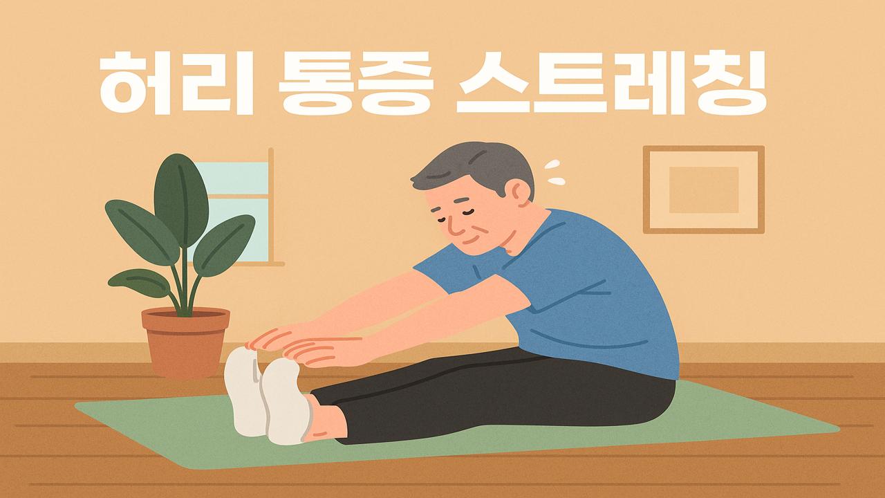 허리 통증 완화를 위한 스트레칭 자세를 취하는 중년 남성과 ‘허리 통증 스트레칭’ 텍스트가 어우러진 실내 일러스트
