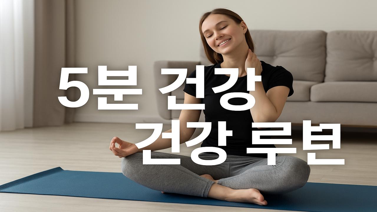 햇살이 비치는 거실에서 요가매트 위에 앉아 5분 건강 루틴 스트레칭을 하는 여성과 '5분 건강 루틴' 텍스트가 어우러진 이미지
