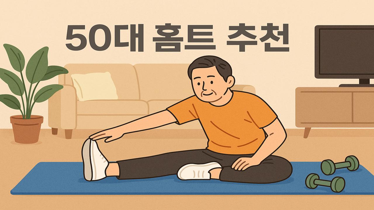 거실에서 스트레칭 중인 50대 남성과 ‘50대 홈트 추천’이라는 텍스트가 함께 있는 따뜻한 분위기의 홈트레이닝 일러스트