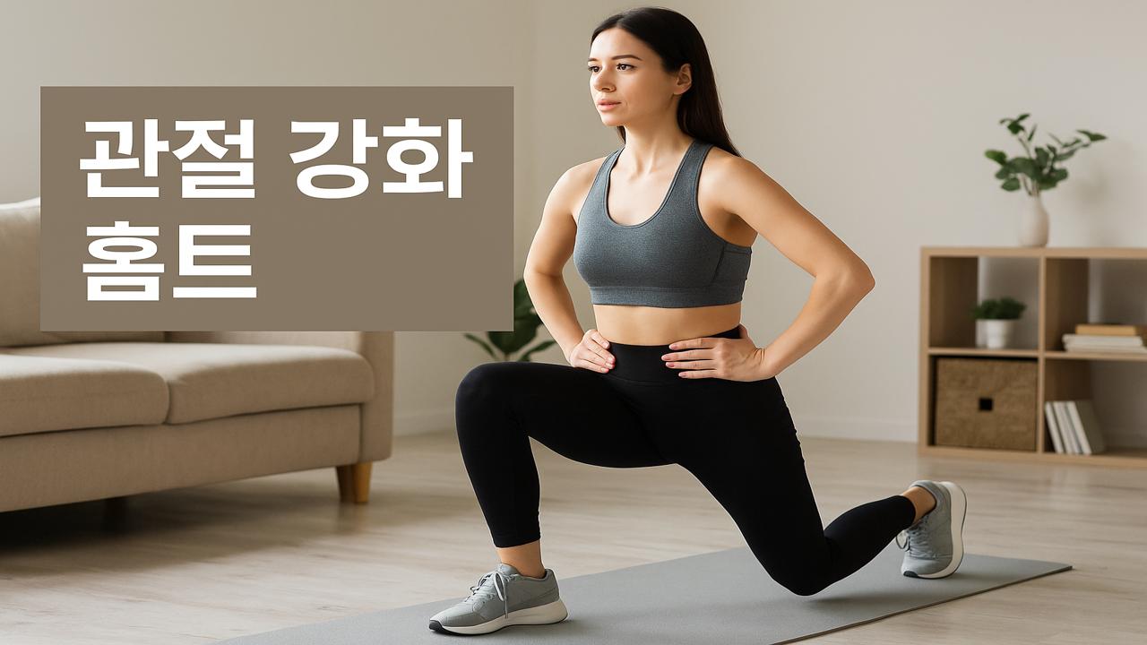관절 강화 홈트 완벽 가이드 1 밝은 거실에서 관절을 보호하며 운동하는 여성의 모습과 '관절 강화 홈트' 텍스트가 함께 있는 이미지
