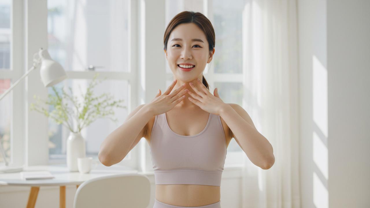 턱살 제거 홈트 운동을 하고 있는 젊은 한국 여성의 모습. 브이라인 얼굴을 위해 거울을 보며 턱살을 빼는 스트레칭을 하고 있습니다.