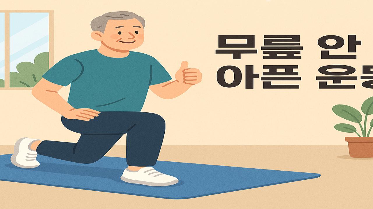 무릎에 부담 없이 운동하는 중년 남성과 ‘무릎 안 아픈 운동’이라는 텍스트가 함께 있는 실내 운동 일러스트
