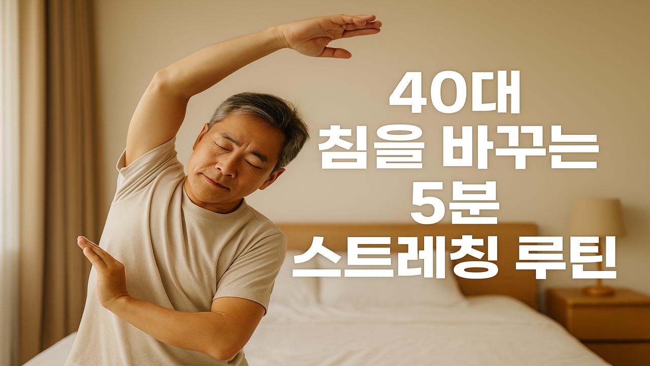 침실에서 부드럽게 스트레칭을 하는 40대 남성과 ‘40대 아침을 바꾸는 5분 스트레칭 루틴’ 텍스트가 어우러진 이미지
