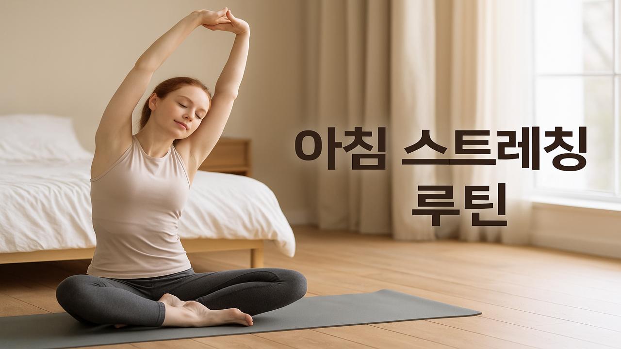 아침 햇살이 비치는 방에서 스트레칭을 하며 하루를 시작하는 여성과 ‘아침 스트레칭 루틴’ 텍스트가 함께 있는 실내 운동 이미지