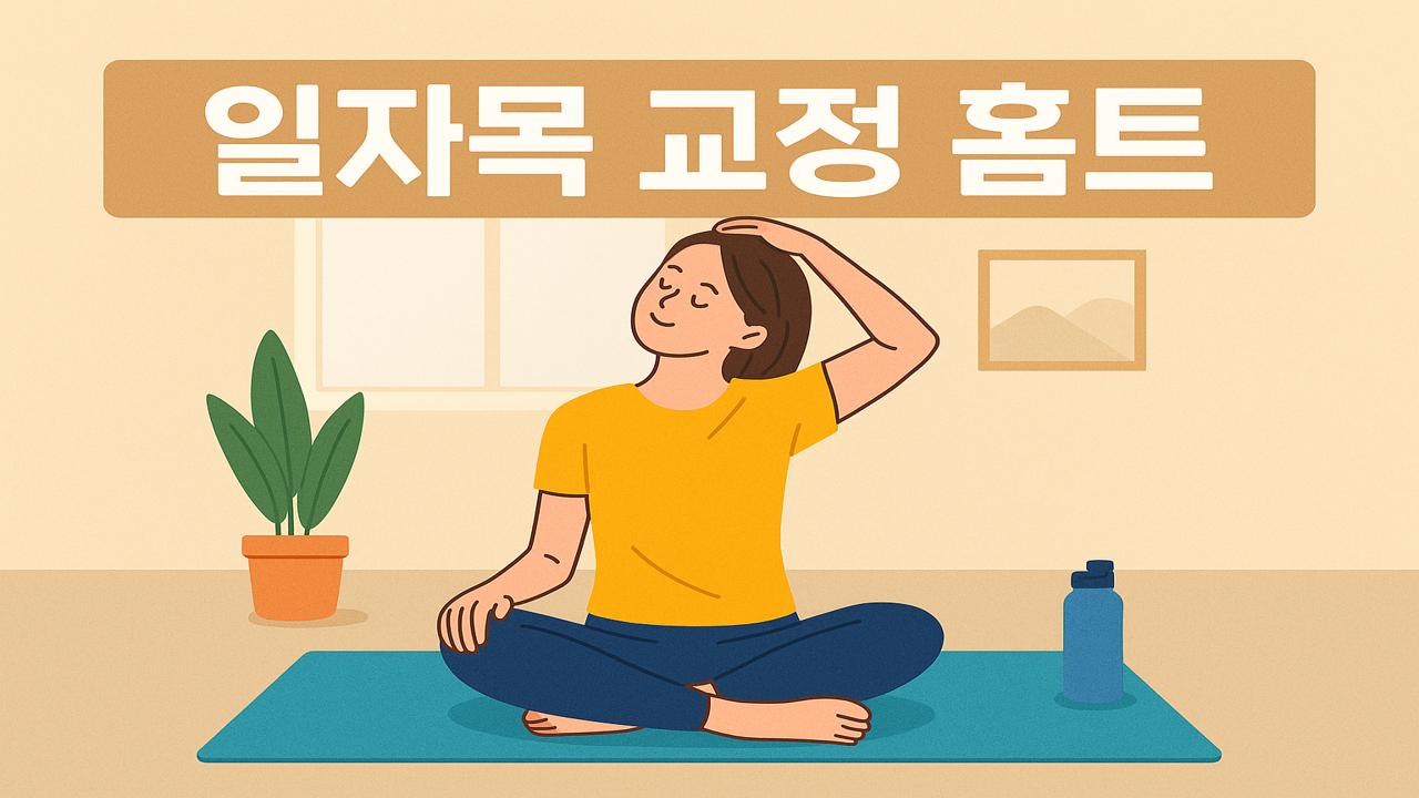 요가 매트 위에서 목 스트레칭을 하는 젊은 여성이 ‘일자목 교정 홈트’라는 텍스트와 함께 등장하는 실내 일러스트