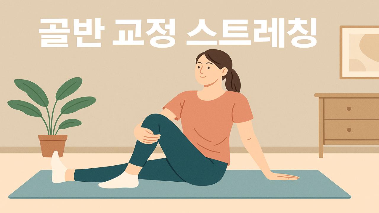 요가매트 위에서 골반 교정 스트레칭을 하는 젊은 여성이 등장하고 ‘골반 교정 스트레칭’ 텍스트가 함께 있는 실내 일러스트