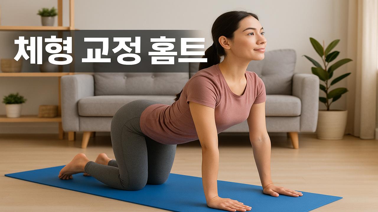 거실에서 요가매트를 깔고 체형 교정 운동 자세를 취하고 있는 여성이 ‘체형 교정 홈트’ 텍스트와 함께 등장하는 이미지