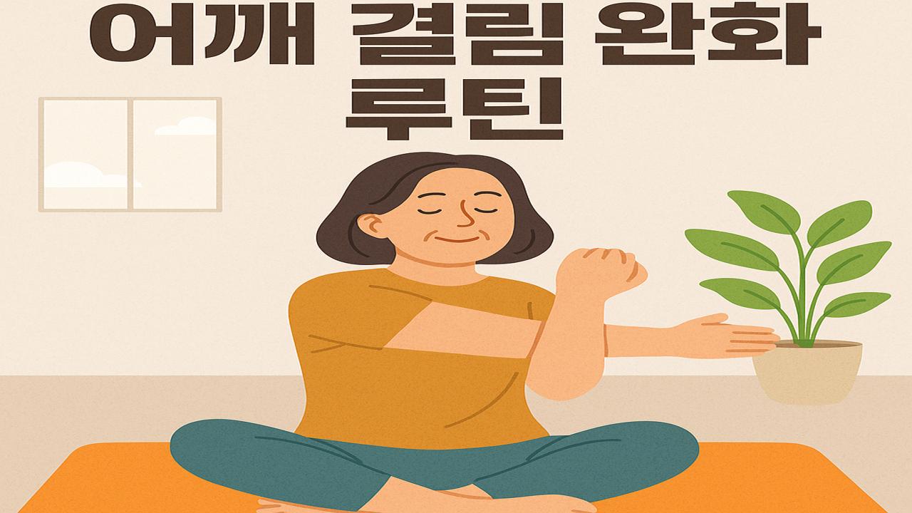 어깨를 부드럽게 스트레칭하는 중년 여성이 명상하듯 앉아 있고 ‘어깨 결림 완화 루틴’이라는 텍스트가 포함된 실내 운동 일러스트