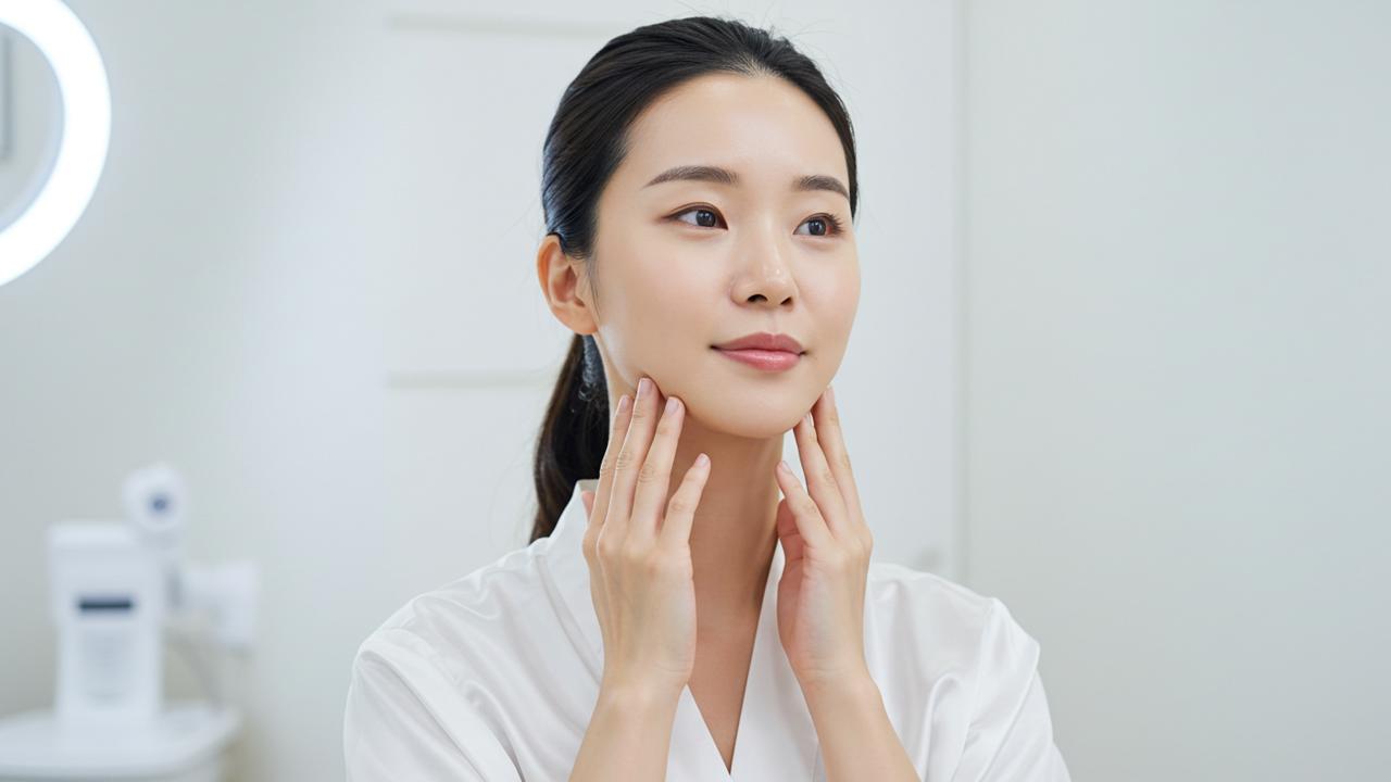 탄력 있는 V라인 얼굴을 위해 턱 선을 부드럽게 마사지하는 한국인 여성의 모습. 얼굴 스트레칭의 중요성과 효과를 보여줍니다.