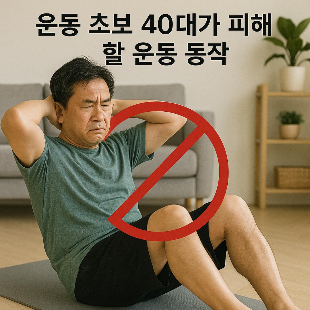 거실에서 무리하게 윗몸일으키기를 시도하며 고통스러워하는 40대 남성의 경고 이미지