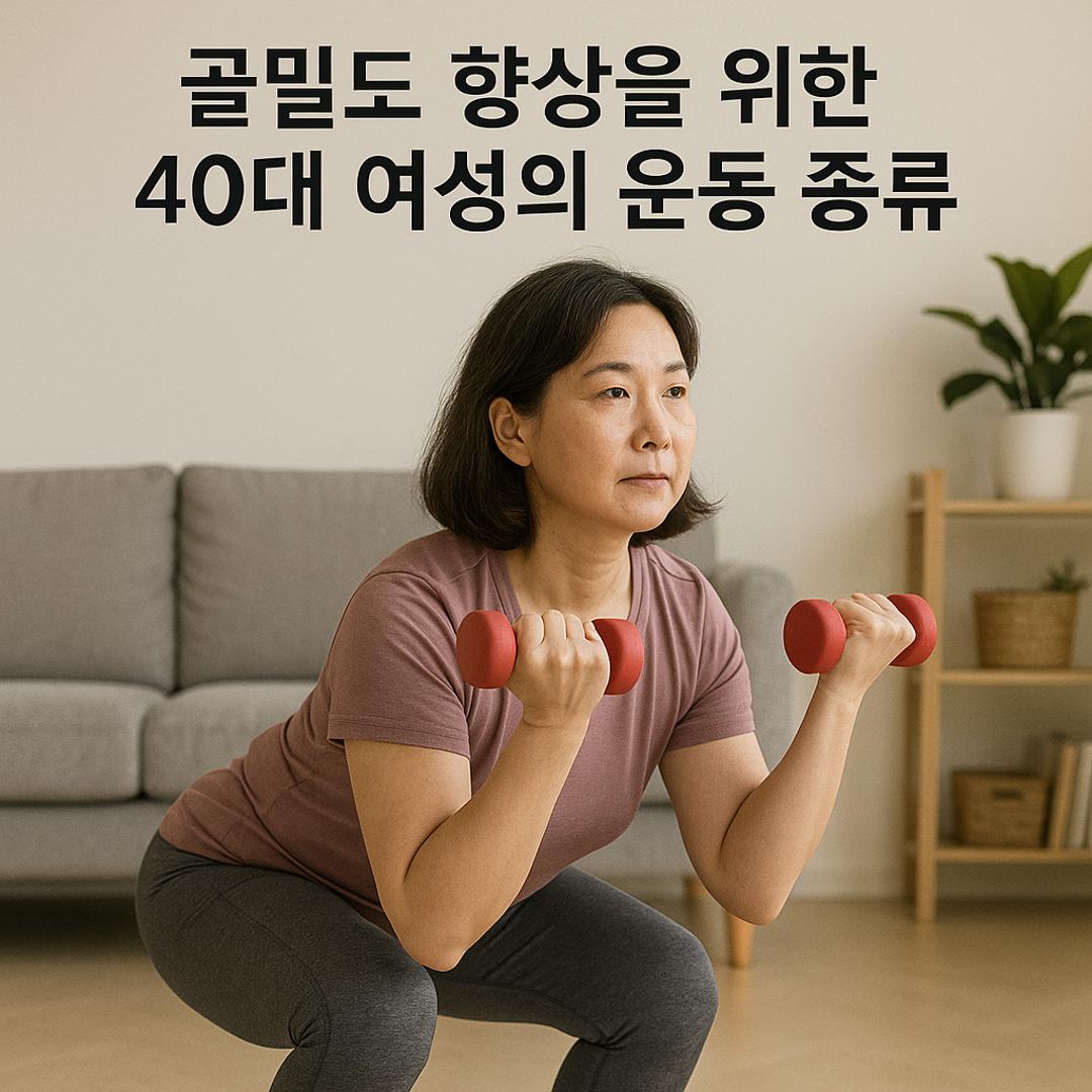 거실에서 덤벨을 들고 스쿼트를 하는 40대 한국 여성의 실사 이미지