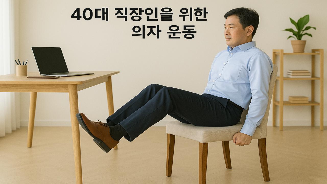 40대 직장인 의자운동법 1 사무실 의자에 앉아 하체 들어올리기 운동을 하는 40대 직장인 남성의 실사 이미지