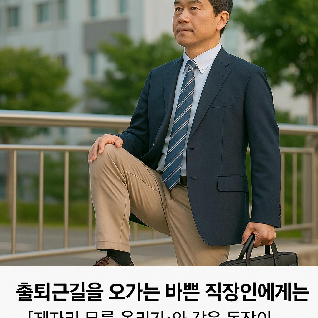 출근길에 한쪽 무릎을 들어 스트레칭하는 정장 차림의 40대 남성의 실사 이미지