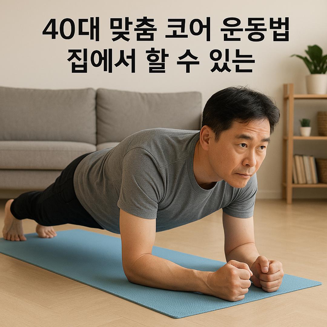 거실에서 플랭크 자세로 코어 운동 중인 40대 한국 남성의 실사 이미지