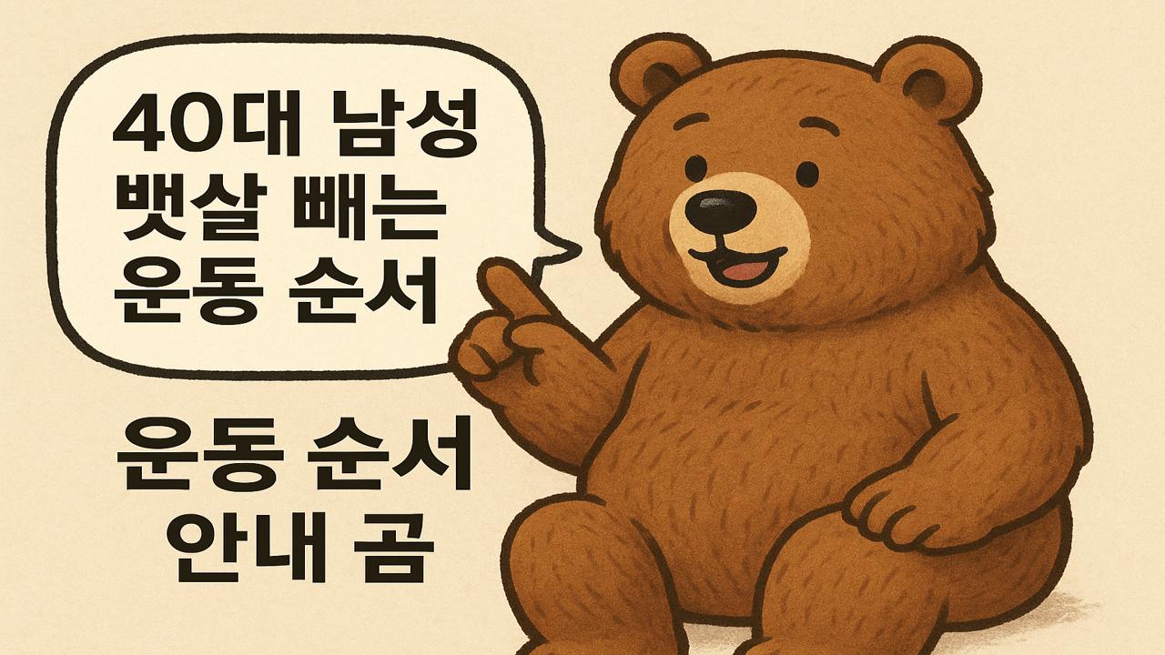 귀여운 곰이 40대 남성 뱃살 빼는 운동 순서를 안내하는 모습