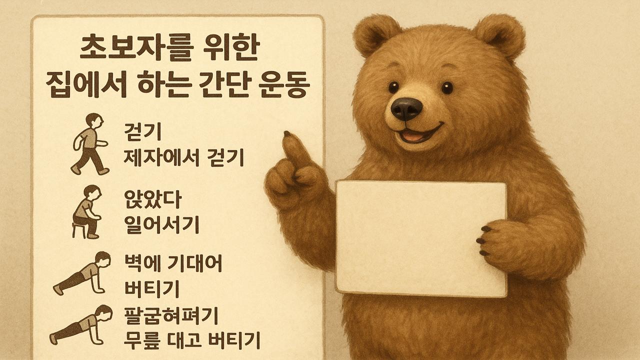 귀여운 곰이 40대 초보자를 위한 집에서 할 수 있는 간단한 운동을 안내하는 모습