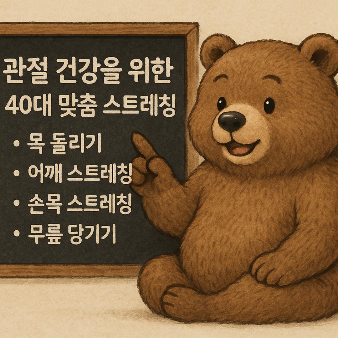 귀여운 곰이 칠판 앞에서 40대 맞춤 관절 건강 스트레칭 방법을 안내하는 모습