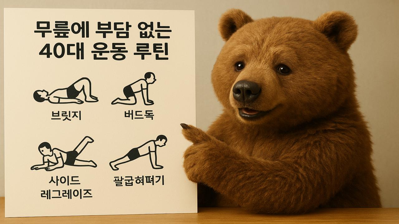 귀여운 곰이 무릎에 부담 없는 40대 맞춤 운동 루틴을 안내하는 모습