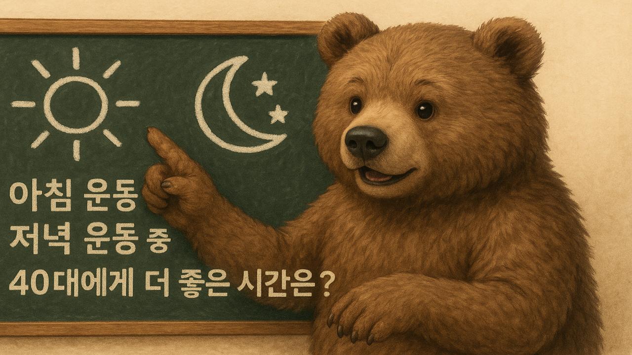 귀여운 곰이 40대에게 아침 운동과 저녁 운동 중 더 좋은 시간을 설명하는 모습