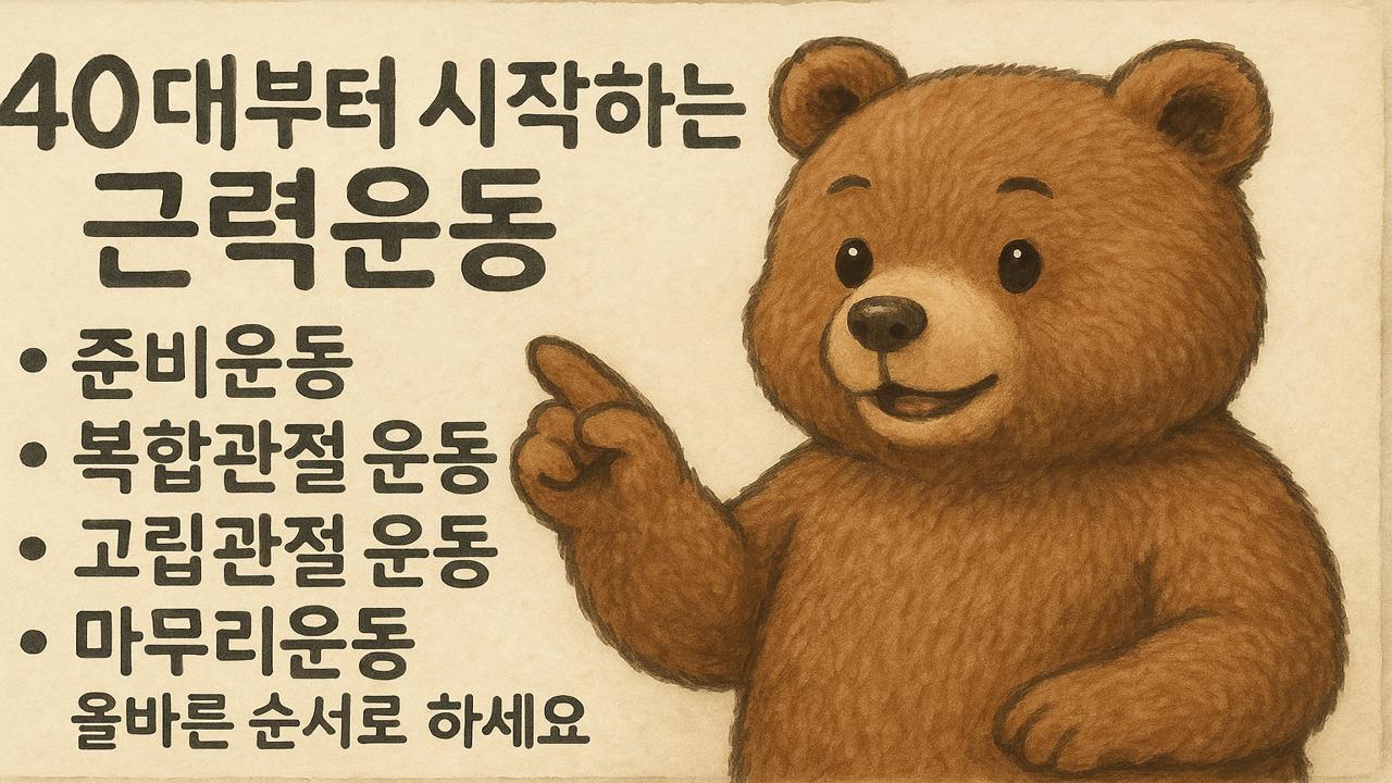 귀여운 곰이 40대부터 시작하는 근력운동의 올바른 순서를 안내하는 모습