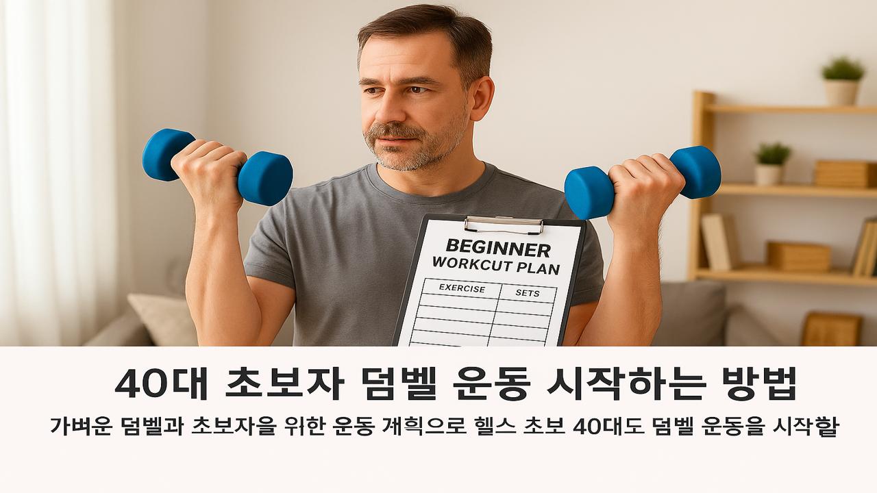 집에서 가벼운 덤벨과 운동 계획표를 확인하며 운동을 시작하는 40대 남성의 실사 이미지