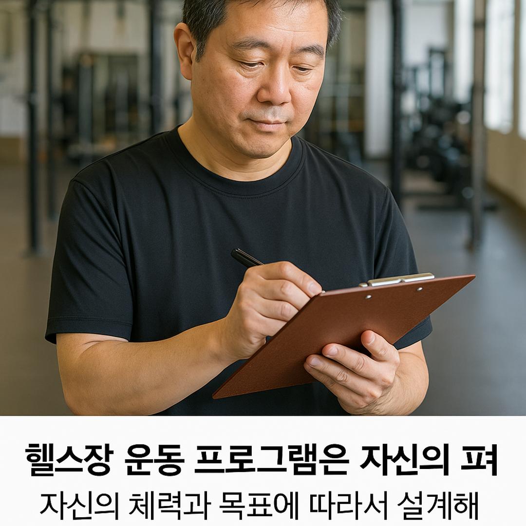 헬스장에서 클립보드를 들고 40대 맞춤 운동 계획을 작성 중인 남성의 실사 이미지