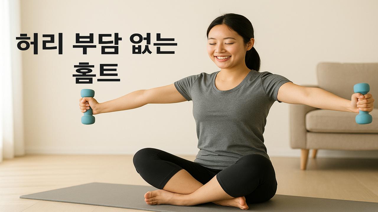 실내에서 허리에 무리 없이 홈트를 즐기는 젊은 한국 여성의 운동 모습