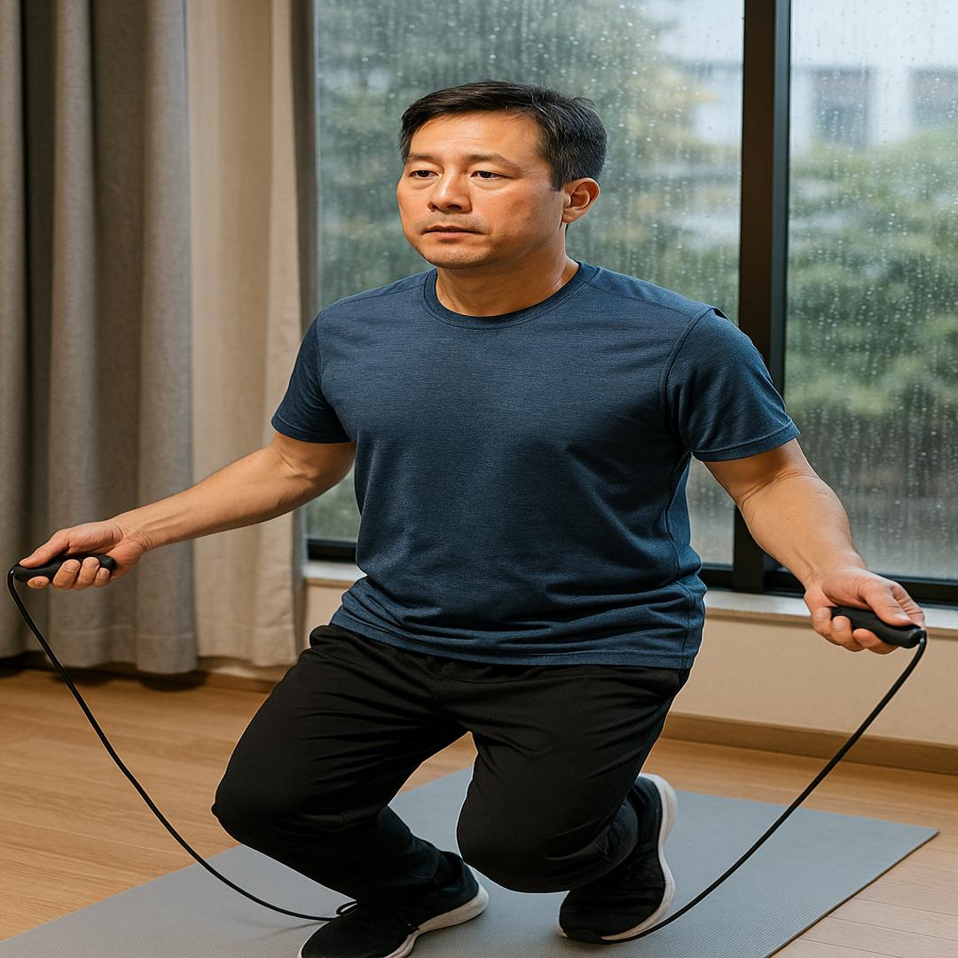 비 오는 날 창가에서 줄넘기를 하며 실내 운동을 하는 40대 남성의 실사 이미지