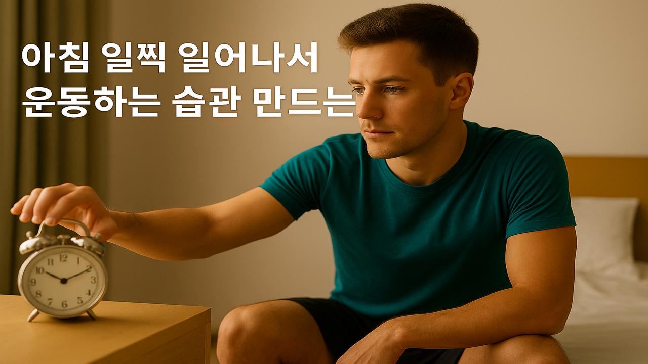 침대 옆에서 알람 시계를 끄며 아침 운동을 준비하는 남성의 실사 이미지