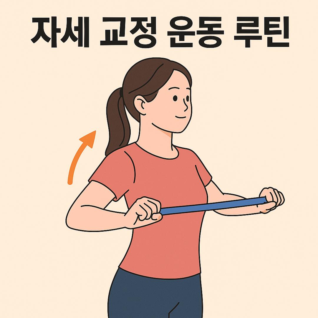 자세 교정 밴드 운동을 하는 여성의 일러스트와 자세 교정 루틴 문구