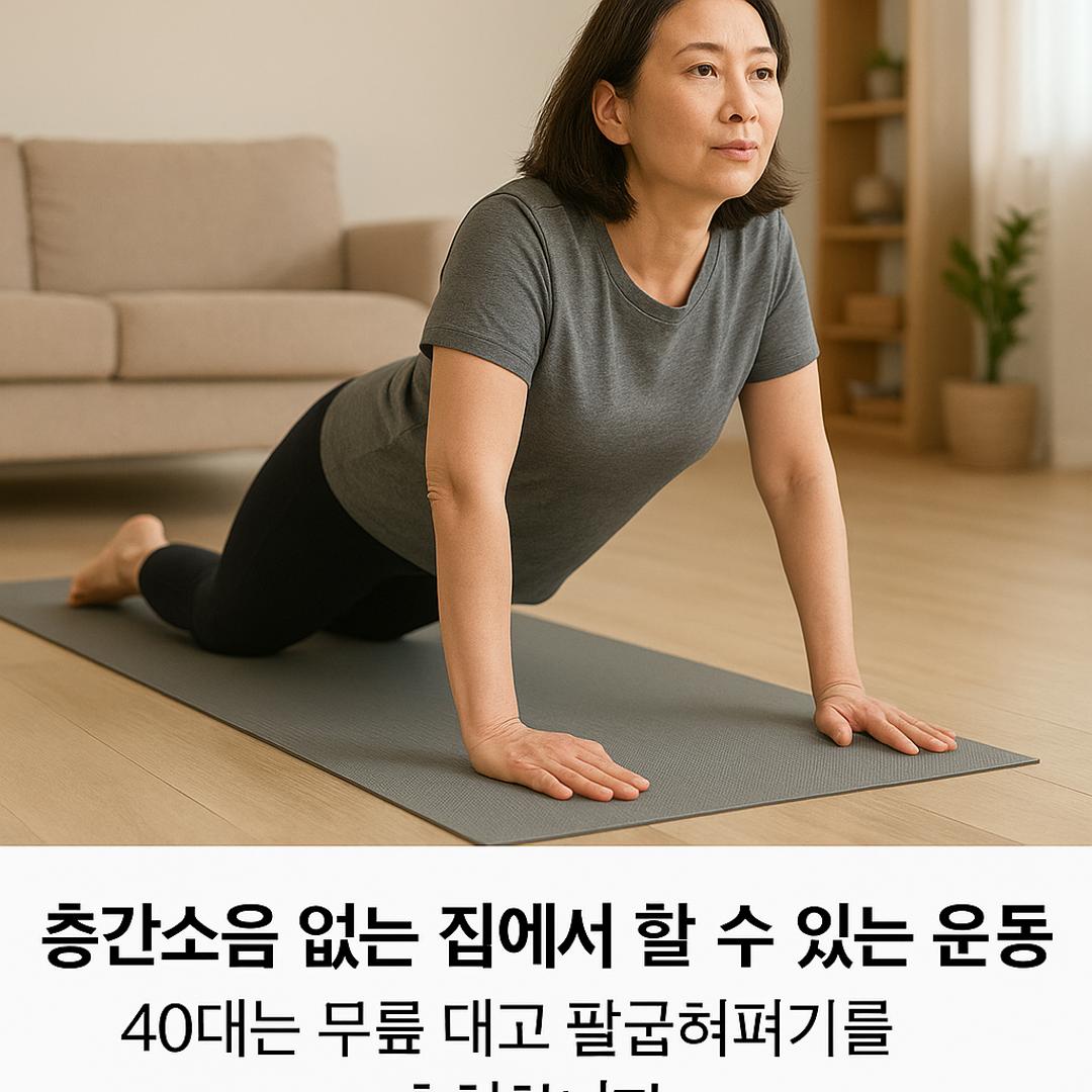 거실에서 무릎을 대고 조용히 팔굽혀펴기를 하는 40대 여성의 실사 이미지