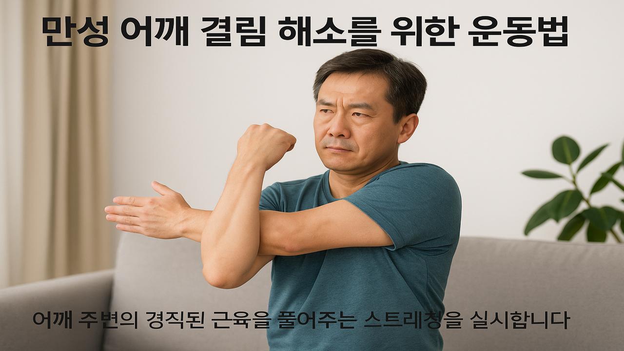 거실에서 어깨 스트레칭을 하며 만성 결림을 완화하는 40대 남성의 실사 이미지