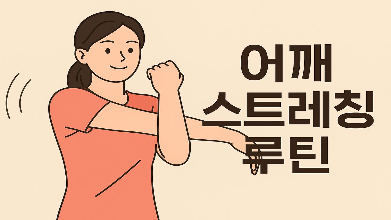 어깨 스트레칭 동작을 하는 여성과 '어깨 스트레칭 루틴' 텍스트가 포함된 일러스트