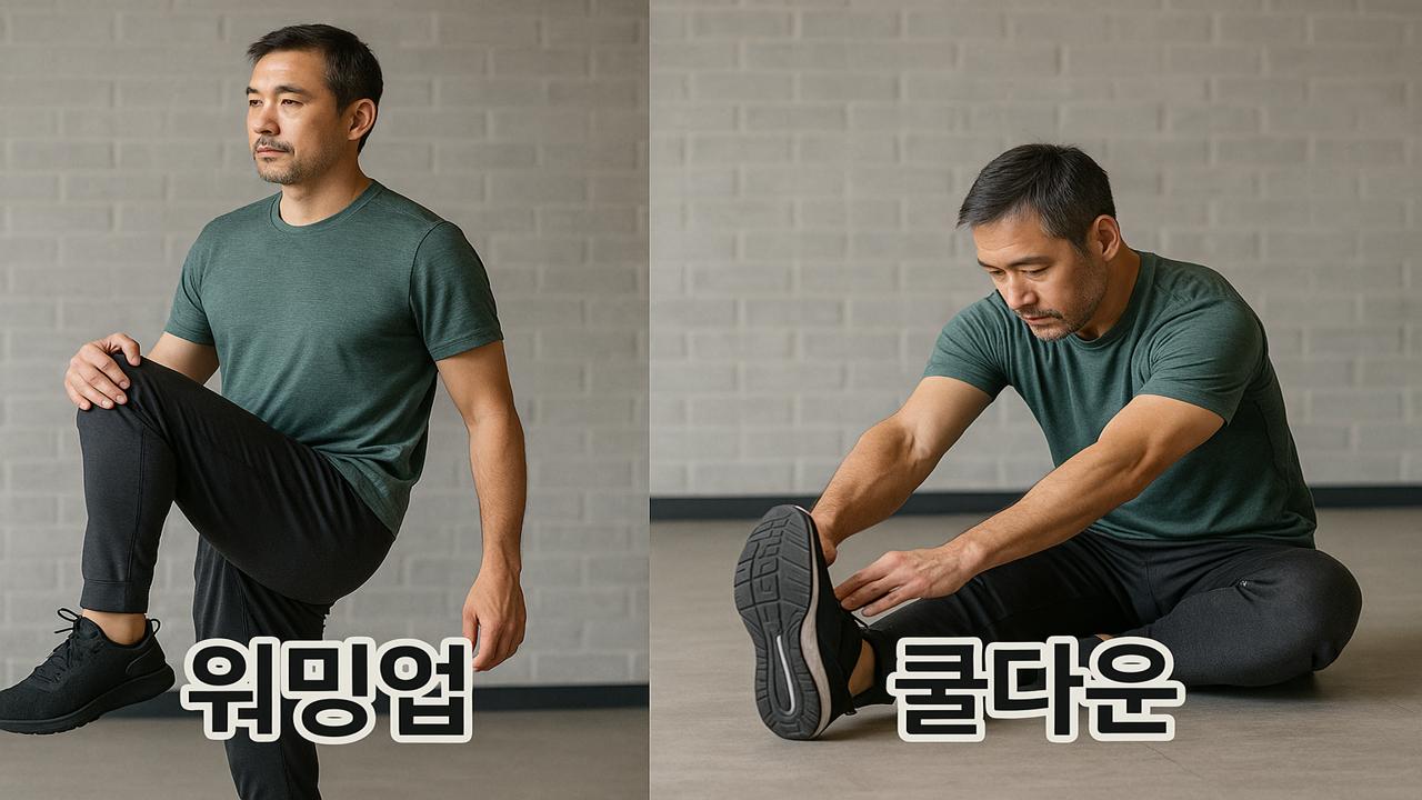 헬스장에서 워밍업과 쿨다운 스트레칭을 실천하는 40대 남성의 실사 이미지