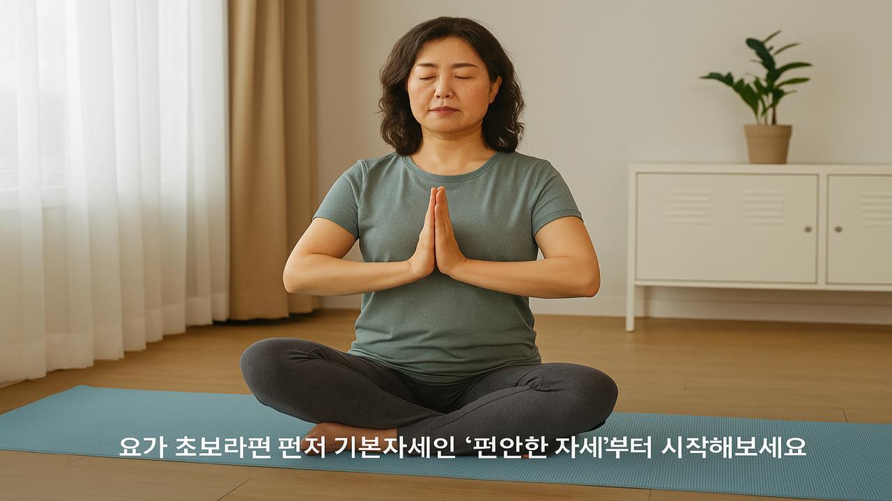 평온한 표정으로 편안한 자세(Sukhasana)를 취하는 40대 여성의 요가 초보 실사 이미지